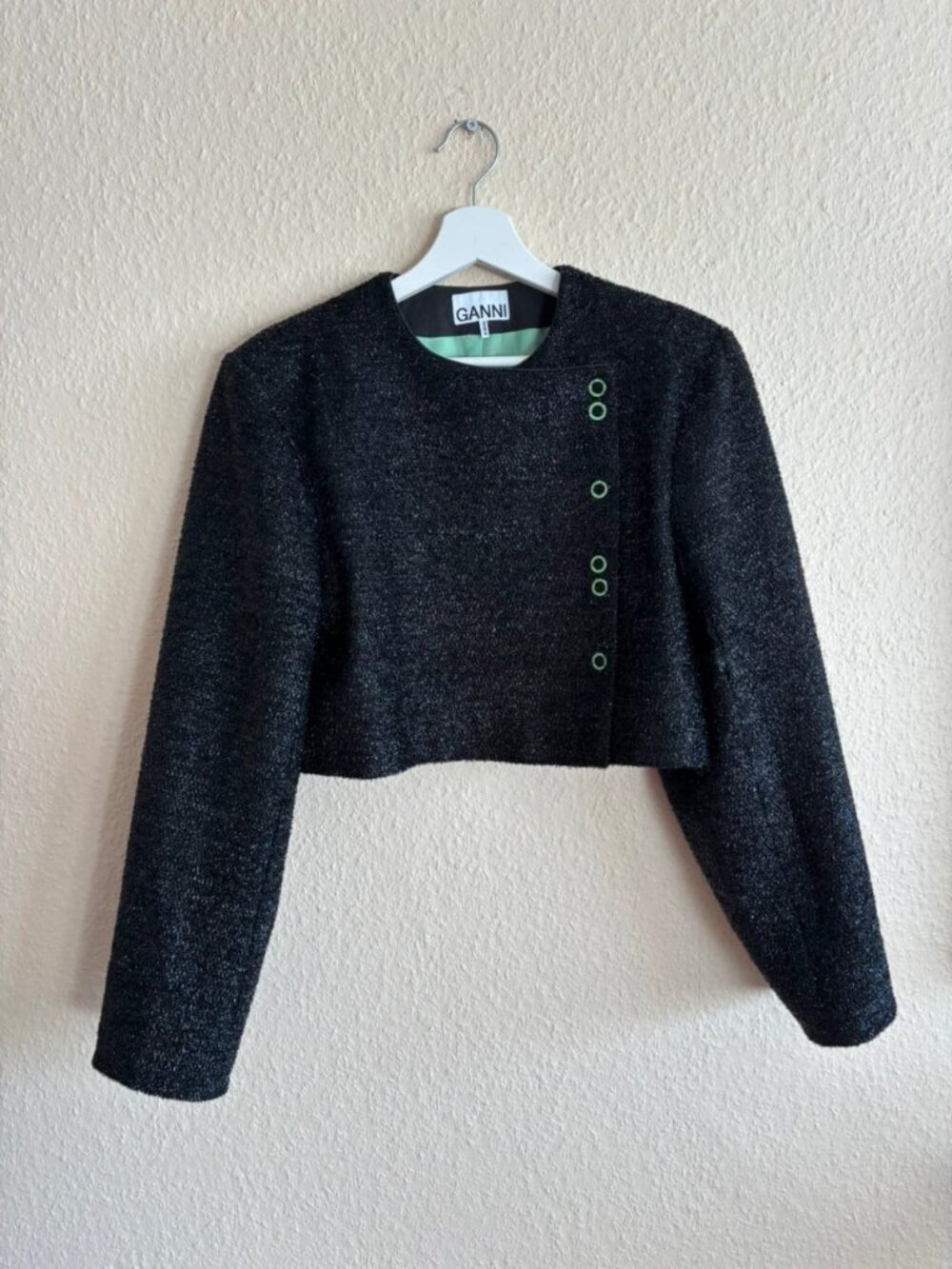GANNI Cropped Wool Blend Jacket Black Green Size US 4